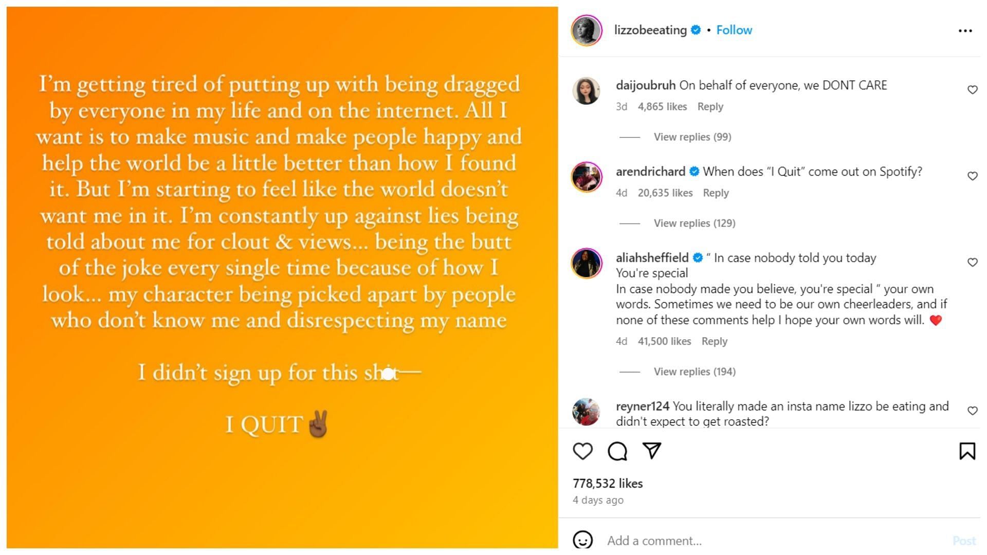 Lizzo's post about quitting. (Image via Instagram/ @lizzobeeating)